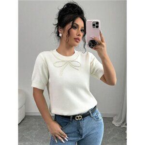 Women Casual Faux Pearl Beaded Round Neck Short Sleeve Knitted Blouse, Autumn